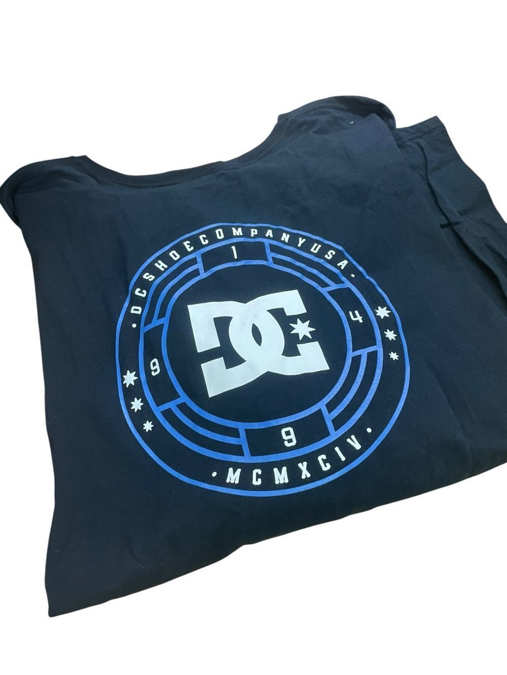 DC Men's Black Tee with Blue and White Logo